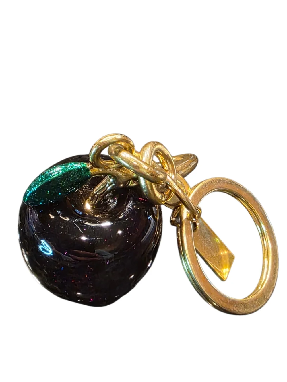 Black Glitter Apple Purse Charm Keyring with Green Leaf Matte Gold Hardware